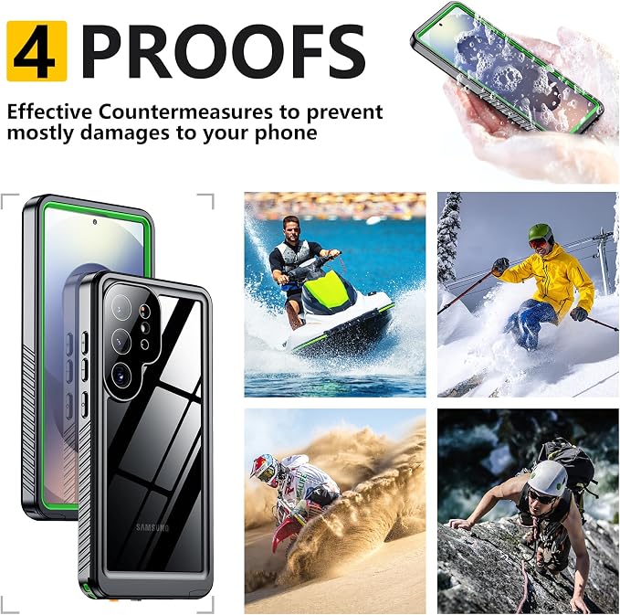 SPIDERCASE Upgraded for Samsung Galaxy S25 Ultra Case Waterproof,Built-in Screen & Camera Lens Protector[IP68 Underwater] [Military Grade Shockproof] Full Body Protection Phone Case, Green/Clear
