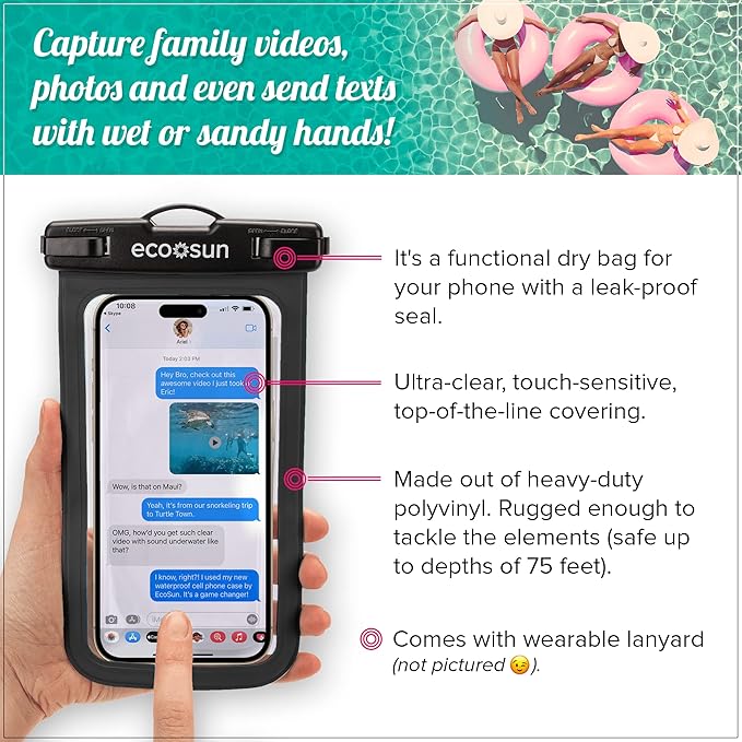 Eco Sun Waterproof Phone Pouch (2-Pack) — Designed in Hawaii — Case Fits All iPhones (incl. 17 Pro Max), Samsung Galaxy S24 & More (Black/Pink)