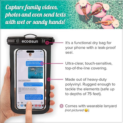 Eco Sun Waterproof Phone Pouch (2-Pack) — Designed in Hawaii — Case Fits All iPhones (incl. 17 Pro Max), Samsung Galaxy S24 & More (Black/Pink)