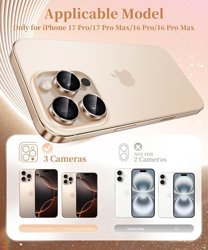 GolbinBox Camera Lens Protector for iPhone 17 Pro Max/17 Pro/16 Pro Max/16 Pro, 1:1 Invisible Fit, 9H Tempered Glass Ultra HD Metal Individual Camera Cover, Case Friendly, Desert Gold