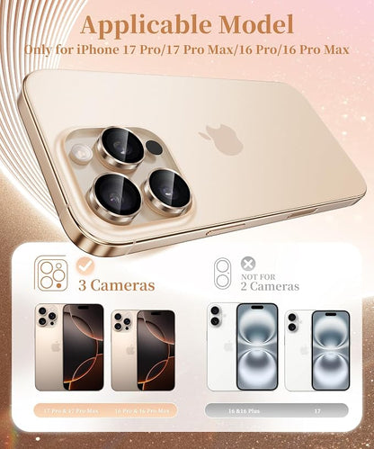 GolbinBox Camera Lens Protector for iPhone 17 Pro Max/17 Pro/16 Pro Max/16 Pro, 1:1 Invisible Fit, 9H Tempered Glass Ultra HD Metal Individual Camera Cover, Case Friendly, Desert Gold