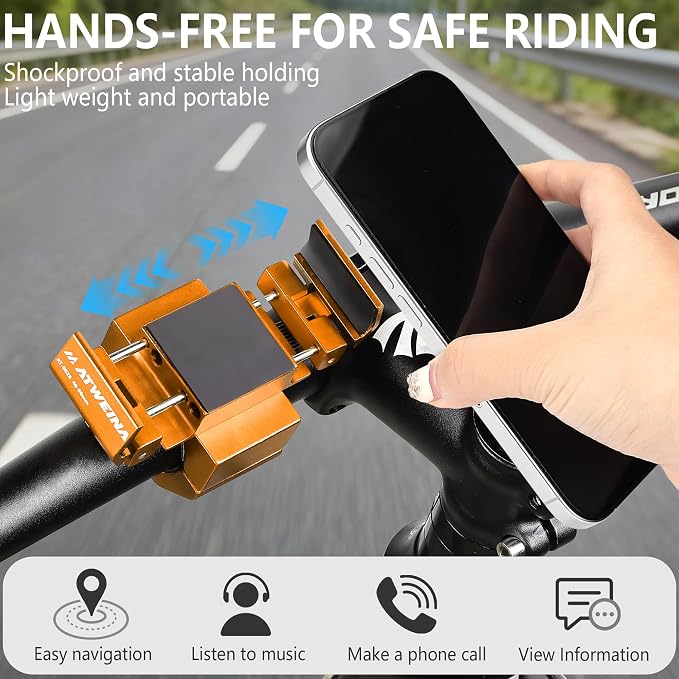 Bike Phone Holder, Motorcycle Phone Mount, Aluminum Alloy Bicycle Handlebar Cell Phone Stand, 360°Rotate Ebike Scooter Phone Clamp Clip, Suitable for 4.5-7.0" Smartphones (Gold)