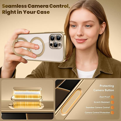 GolbinBox for iPhone 16 Pro Case with 360° Spin Magnetic Stand,[Compatible with Magsafe] [Military Protection][Built-in Ring Holder] Camera Control Phone Case for 16 Pro,Gold/Clear