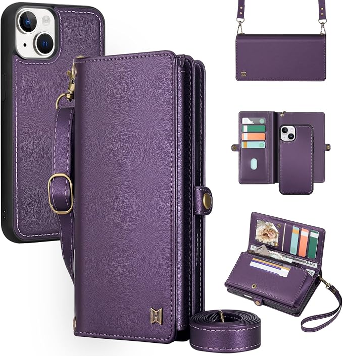 for Wallet Case Compatible with iPhone 13,Multi-Function Detachable 2 in 1 Magnetic iPhone 13 Case Wallet,Flip Strap Zipper Card Holder Phone Case with Shoulder Straps (Pruple)