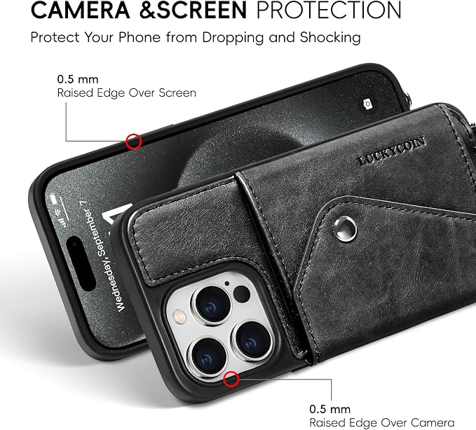 LUCKYCOIN for iPhone 15 Pro Crossbody Wallet Case – Genuine Leather Phone Purse with Adjustable Strap and Card Holder,Lanyard Phone Purse Case for Women,Vintage Black