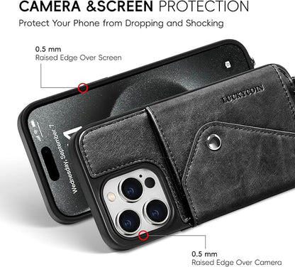 LUCKYCOIN for iPhone 15 Pro Crossbody Wallet Case – Genuine Leather Phone Purse with Adjustable Strap and Card Holder,Lanyard Phone Purse Case for Women,Vintage Black