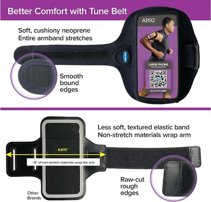 Tune Belt AB92 Cell Phone Armband for Running - Fits iPhone 16/15/14/13 Pro Max, Plus, Samsung Galaxy Ultra/Plus/Note and Large Phones with Protective Cases, Sweat-Resistant Exercise Holder (Black)