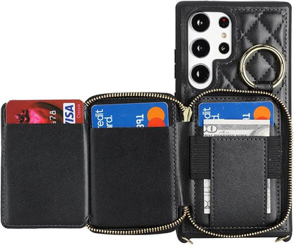 Crossbody Wallet Case for Galaxy S24 Ultra, PU Leather Zipper Handbag Purse Flip Cover, Kickstand Folio Case with Card Slots Holder Wrist Strap Lanyard -Black