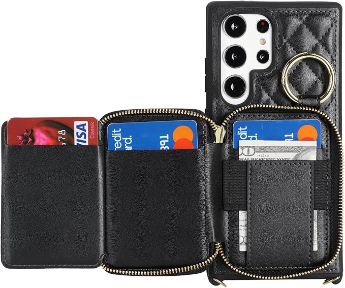 Crossbody Wallet Case for Galaxy S23 Ultra, PU Leather Zipper Handbag Purse Flip Cover, Kickstand Folio Case with Card Slots Holder Wrist Strap Lanyard -Black