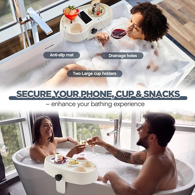 Geelin 2 Pcs Hot Tub Table Tray, Adjustable Aboveground Bathtub Tray with 2 Cup Holder, Between 2'' to 7.5'' Nonslip Hot Tub Accessories Shelf Drinks Snacks Phone Holder for Spa Bathtub (Ivory White)