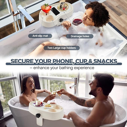 Geelin 2 Pcs Hot Tub Table Tray, Adjustable Aboveground Bathtub Tray with 2 Cup Holder, Between 2'' to 7.5'' Nonslip Hot Tub Accessories Shelf Drinks Snacks Phone Holder for Spa Bathtub (Ivory White)