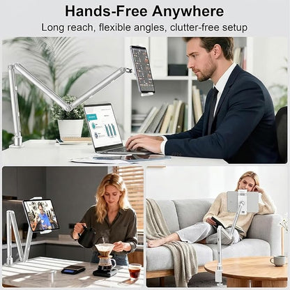 iPad Holder for Desk, Adjustable Tablet Arm iPad Desk Mount with C-Clamp, 30" Foldable Long Arm & 360° Rotation, Fits 4.7"–15.6" iPad Pro/Air/Mini, Phones & 15.6" Portable Monitors for Desk Use, White