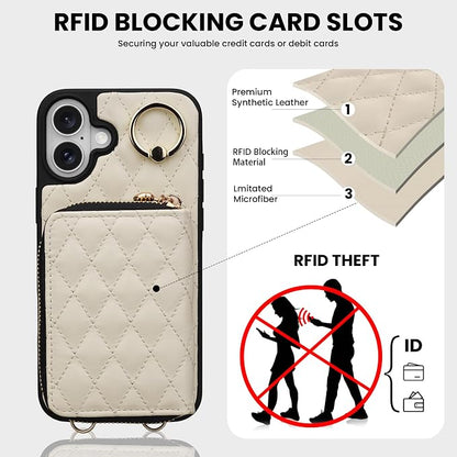 Keallce Case for iPhone 16 Plus 6.7'' Wallet Case, Crossbody Zipper Purse with Wristlet for Women, RFID Blocking Card Holders, 360° Ring Kickstand Flip Leather Case for iPhone 16 Plus, Beige