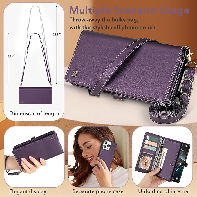 for Wallet Case Compatible with iPhone 16 Pro Max,Multi-Function Detachable 2 in 1 Magnetic iPhone 16 Pro Max Case Wallet,Flip Strap Zipper Card Holder Phone Case with Shoulder Straps (Pruple)