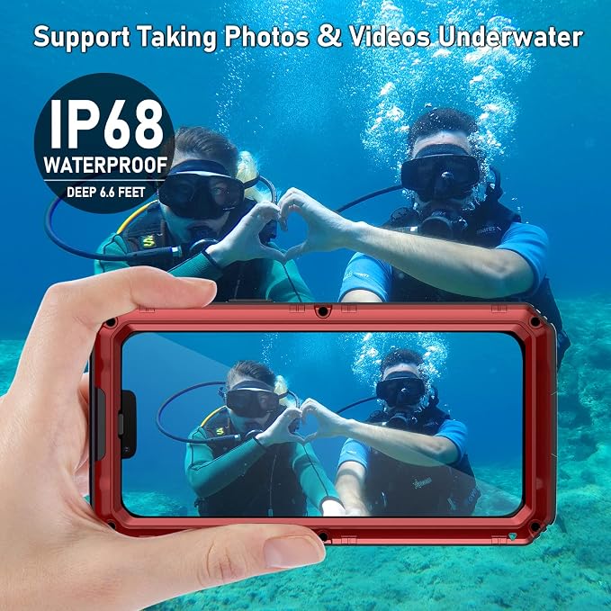 Beasyjoy Waterproof Case for iPhone 13 Pro, Metal Defender Case with Built-in Screen Protector, Military Grade Full Body Rugged Protective Heavy Duty Underwater Phone Case 6.1 Inch, Red