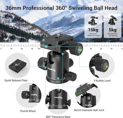 SmallRig Camera Tripod, 71" Foldable Aluminum Tripod/Monopod, 360°Ball Head Detachable, Payload 33lb, Adjustable Height from 16" to 71" for Camera, Phone