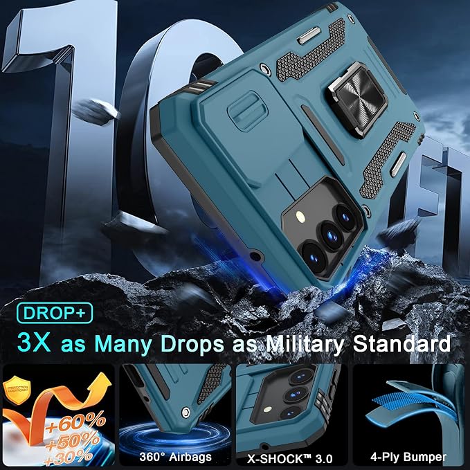 DEERLAMN Case for Samsung Galaxy A16 5G with Slide Camera Cover+Screen Protector (1 Pack), Rotated Ring Kickstand Military Grade Shockproof Protective Cover-Light Blue