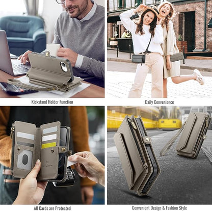 Strapurs Crossbody Wallet Case Compatible with iPhone 17e / iPhone 16e RFID Blocking 7-Card Holder PU Leather Magnetic Snap Shoulder Strap Zipper Pocket Phone Cases for iPhone 17e / 16e - Grey