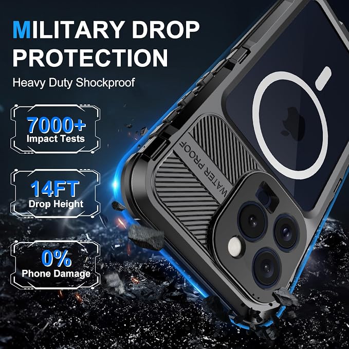 WIFORT for iPhone 15 Pro Waterproof Case - Metal Heavy Duty Full Body Protective Cover Built-in Screen Protector, IP68 Water Proof Military Grade Shockproof Rugged Drop Defender Phone case 6.1" Black