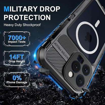 WIFORT for iPhone 15 Pro Waterproof Case - Metal Heavy Duty Full Body Protective Cover Built-in Screen Protector, IP68 Water Proof Military Grade Shockproof Rugged Drop Defender Phone case 6.1" Black