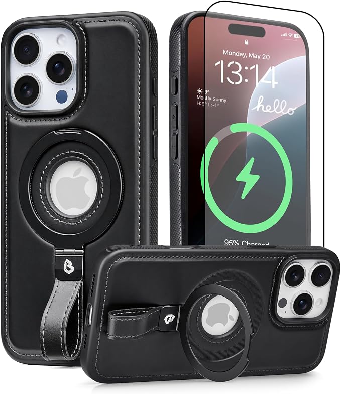 for iPhone 16 Pro Leather Case with Stand, Anti-Slip Grip Ring, Fits for MagSafe (Black, iPhone 16 Pro)