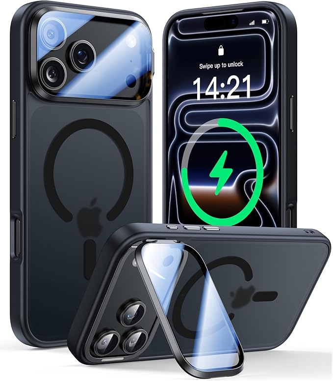 [Upgraded Full Camera Protection] for iPhone 17 Pro Case with Camera Cover Stand [Fit for MagSafe][10FT Mil-Grade Protection] Translucent Magnetic iPhone 17 Pro Phone Case, Black