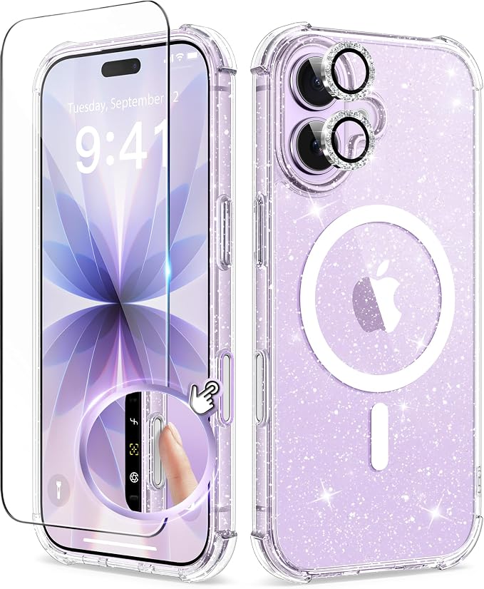 BERFY for iPhone 17 Case for Women, Clear Glitter Shockproof Protective Case, Anti-Yellowing, with Screen Protector & Camera Lens Protector 6.3", Magnetic Diamond Sparkle