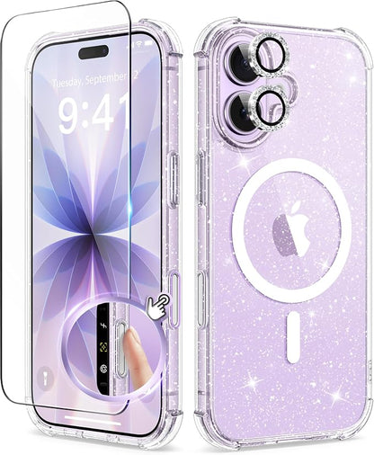 BERFY for iPhone 17 Case for Women, Clear Glitter Shockproof Protective Case, Anti-Yellowing, with Screen Protector & Camera Lens Protector 6.3", Magnetic Diamond Sparkle