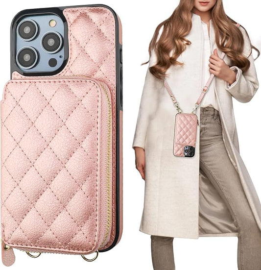 Bocasal Crossbody Wallet Case for iPhone 14 Pro Max, RFID Blocking PU Leather Zipper Handbag Purse Flip Cover, Kickstand Folio Case with Card Slots Holder Wrist Strap Lanyard 5G 6.7 Inch (Rose Gold)