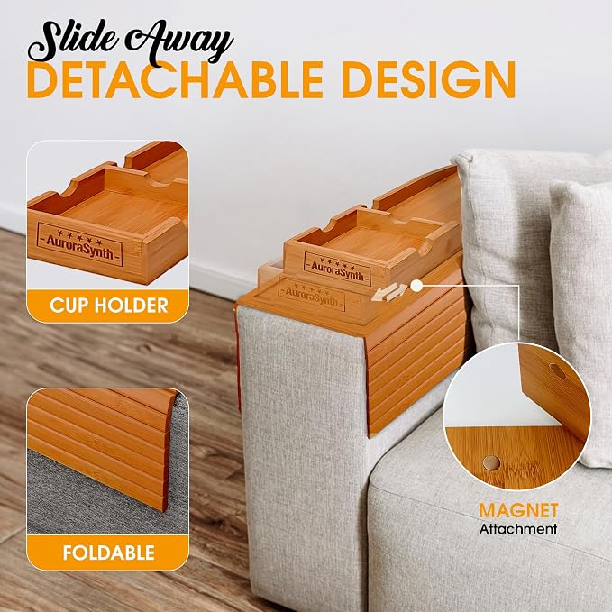 Couch Cup Holder Tray with 2 Cork Coasters, Couch Caddy, Anti-Slip Foldable Armrest Sofa Tray, Couch Armrest Table, Anti-Spill Holder for Remote, Snacks, Cellphone - Ideal Gift (Mahogany)