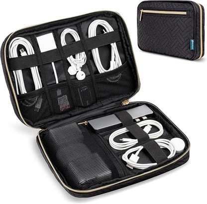 PAVILIA Travel Cord Organizer Case for Cables & Chargers, Black Quilt | 10 x 6.8 x 1.7 in 600D water-repellent electronics bag pouch with 7 loops, 5 mesh pockets, front zip pocket and dual zippers