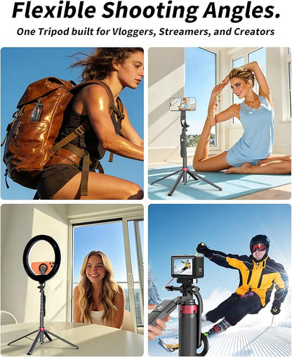 Magnetic Phone Tripod & Selfie Stick, 66.9" Adjustable Height, Strong Magnetic Mount, One-Button Unlock Tripod Design, Bluetooth Remote, Flexible Angles for Vlogging & Content Creation