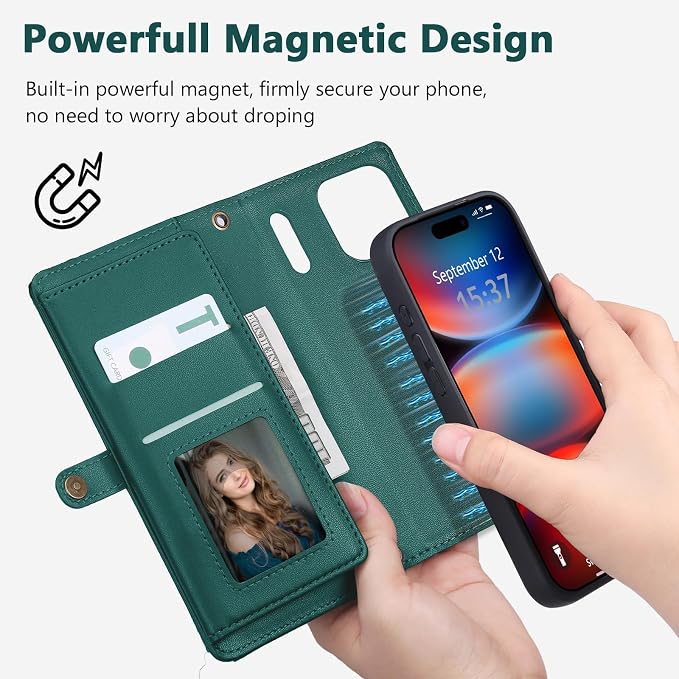 Wallet Case for iPhone 17 Pro Max with Card Holder/Crossbody Wallet/Strap,[RFID Blocking][Magnetic] PU Leather Phone Case for iPhone 17 Pro Max,6.9 in,Green