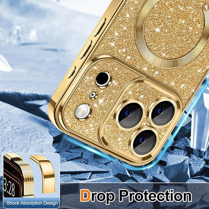 Hython for iPhone 17 Pro Case Glitter Clear Magnetic Phone Cases [Compatible with MagSafe] Full Camera Lens Protector Sparkle Luxury Plating Slim Shockproof Protective Cover Women, Gold