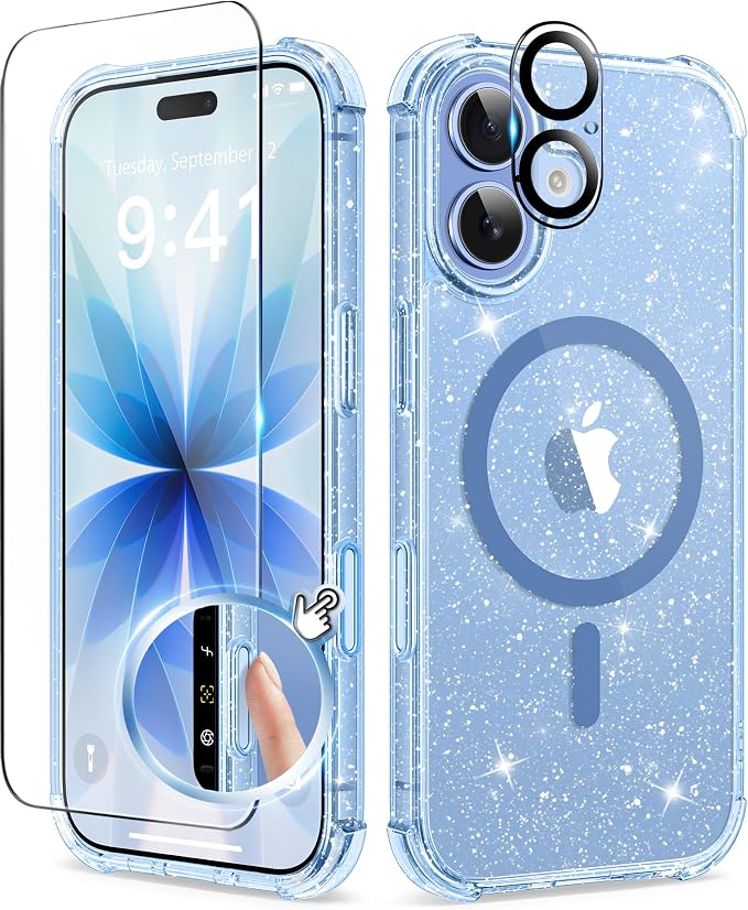 BERFY for iPhone 17 Case for Women, Clear Glitter Shockproof Protective Case, Anti-Yellowing, with Screen Protector & Camera Lens Protector 6.3", Magnetic Sparkle Blue