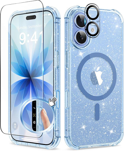 BERFY for iPhone 17 Case for Women, Clear Glitter Shockproof Protective Case, Anti-Yellowing, with Screen Protector & Camera Lens Protector 6.3", Magnetic Sparkle Blue