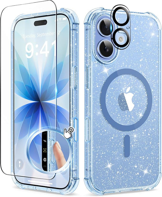 BERFY for iPhone 17 Case for Women, Clear Glitter Shockproof Protective Case, Anti-Yellowing, with Screen Protector & Camera Lens Protector 6.3", Magnetic Sparkle Blue