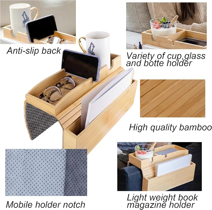 Bamboo Couch Cup Holder Tray, Couch Armrest Table with Side Storage Pocket and Phone Holder, Non-Slip Couch Caddy Tray for Drinks, Snacks, Remote and Phone