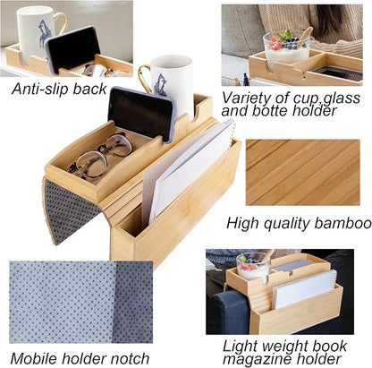 Bamboo Couch Cup Holder Tray, Couch Armrest Table with Side Storage Pocket and Phone Holder, Non-Slip Couch Caddy Tray for Drinks, Snacks, Remote and Phone