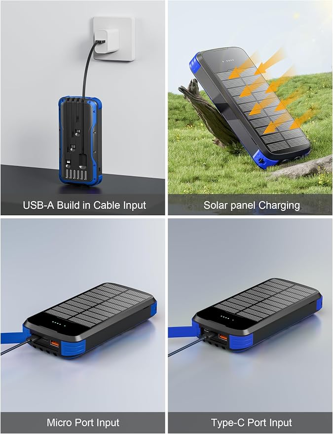 MINRISE Solar Power Bank 40000mAh, Portable Charger PD 20W Fast Charging | Built in 4 Cables and USB-C in/Output,External Battery Pack with Flashlights,for All Cell Phones,for iPad,Camping Essentials
