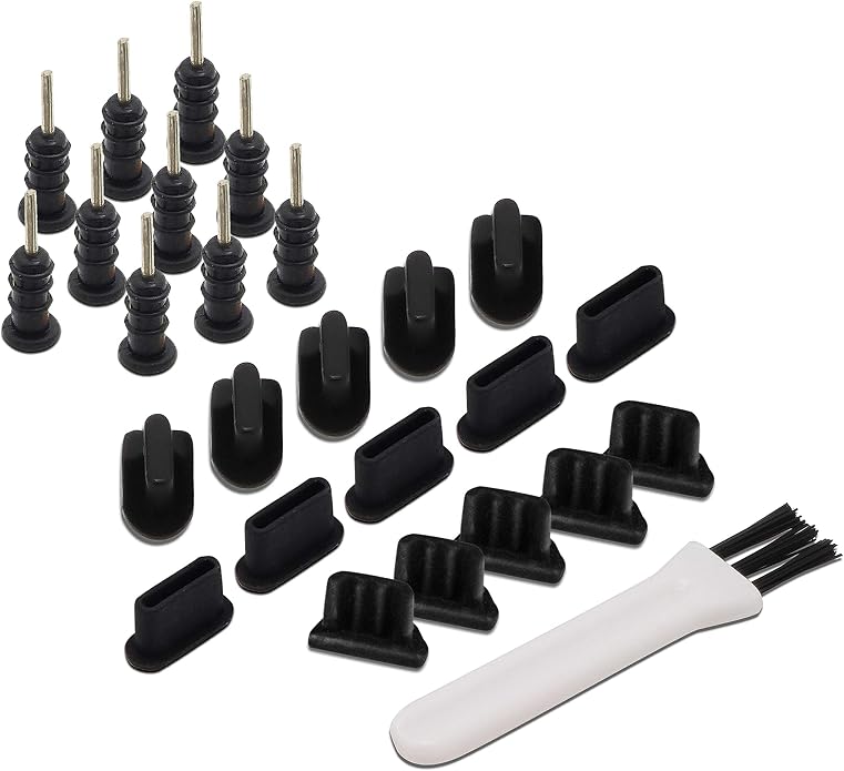 PortPlugs USB-C Dust Plugs & Headphone Jack Protectors Compatible with Samsung, Android, MacBooks, Laptops & Tablets – Type-C Charging Ports – Includes Cleaning Brush – Black (25 Pairs)