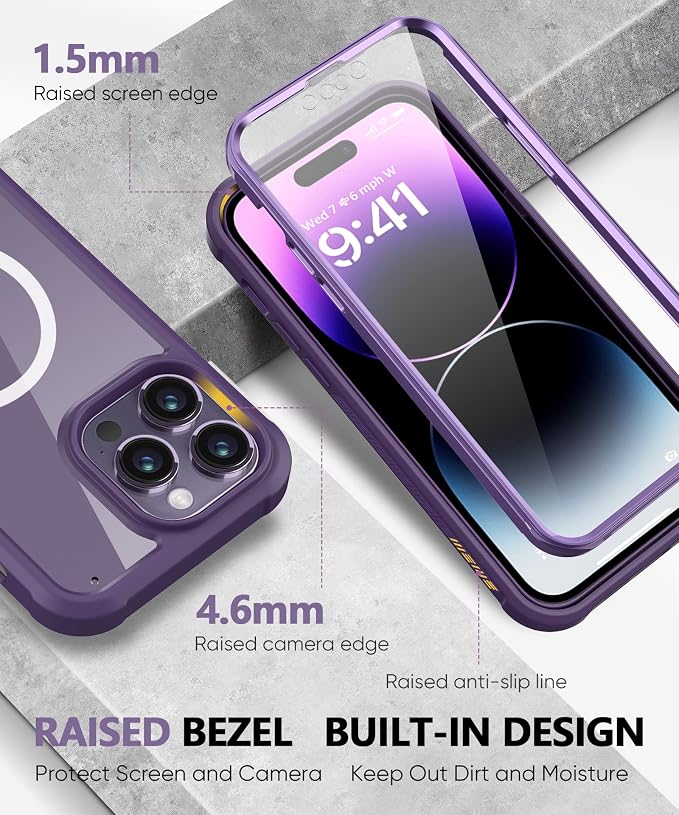 Compatible with iPhone 14 Pro Case, Built-in Screen Protector, with Camera Lens Protector, [Compatible with MagSafe] Full Body Phone Case, Magnetic Protective Cover for 14Pro 6.1" (Purple)