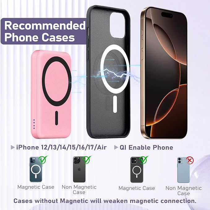 3 in 1 Wireless Charging Station: 5000mAh Removable Power Bank Charger Stand for Phone/Watch/Air Pods - Portable Magnetic Battery Pack for Air 17 16 15 14 13 12 Series Pink