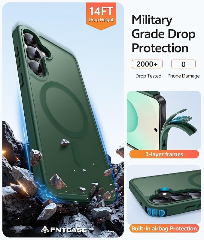 FNTCASE for Samsung Galaxy S25/S24 Plus Case, Fit Magsafe, Screen Protector | Translucent Matte Magnetic Back, 14FT Military Grade Drop Protection, Shockproof Protective Phone Cover, Green