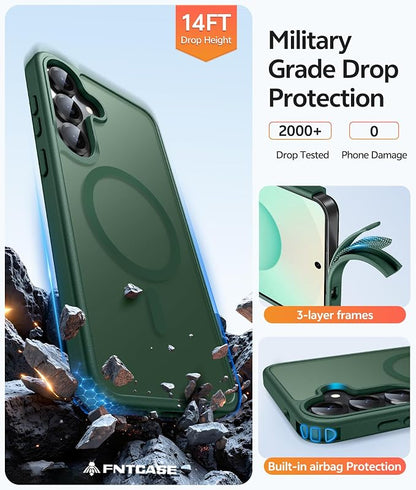 FNTCASE for Samsung Galaxy S25/S24 Plus Case, Fit Magsafe, Screen Protector | Translucent Matte Magnetic Back, 14FT Military Grade Drop Protection, Shockproof Protective Phone Cover, Green