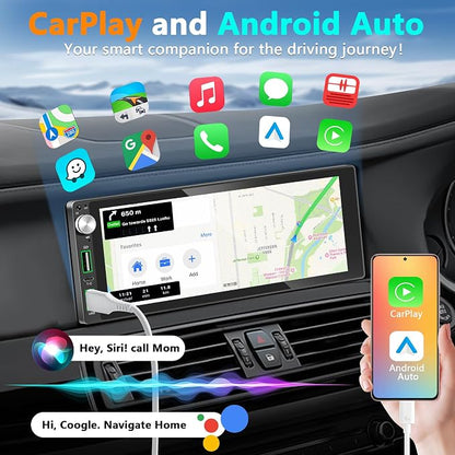 Single Din Car Stereo with Apple Carplay Android Auto,6.9 Inch IPS Touchscreen, 1 Din Car Audio Receivers wtih Bluetooth Handsfree/FM/AM/Dual USB/Type-C/EQ/SWC/GPS Navigation/Backup Camera/Microphone