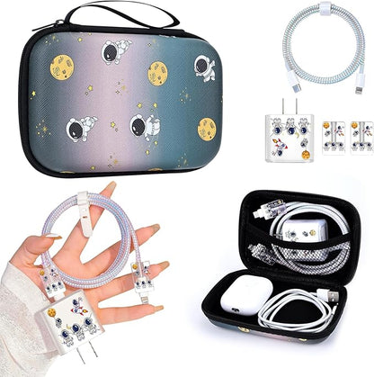 Cute DIY Phone Charger Case Storage Set with Cartoon Cable Protector with Carrying Cable Case Bag, Cord Organizer, USB Earphone Wire Saver Organizer Charger Protector for iPhone (Astronaut)