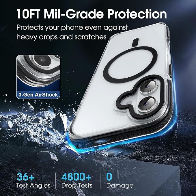 Strong Magnetic for iPhone 16 Plus case [10Ft Military-Grade Protection] Compatible with fit MagSafe Shockproof Slim Thin Cover 6.7 inch 16 Plus Phone case, Clear Black