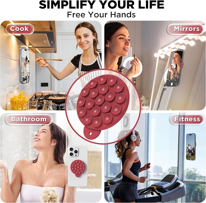 Magnetic Suction Cup Phone Mount with MagSafe, Silicone Hands-Free Grip Holder for iPhone Case and Android, Mirror Shower Phone Stand for Makeup FaceTime Gym Kitchen Bathroom, Deep Red