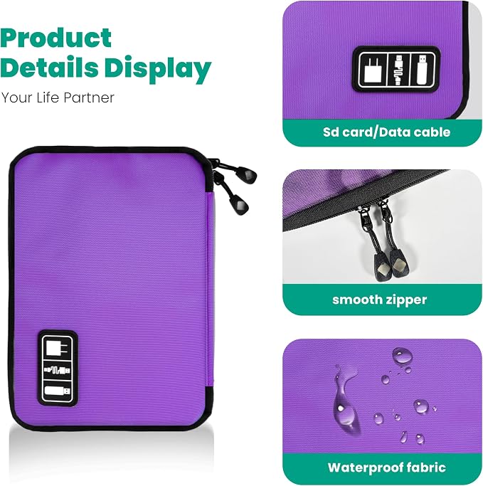 Cord Organizer Travel, Electronics Organizer Tech Pouch - Portable Cable Organizer Bag for Cords, Charger, Phone, SD Card, Power Bank for Travel & Daily Use -Purple Green